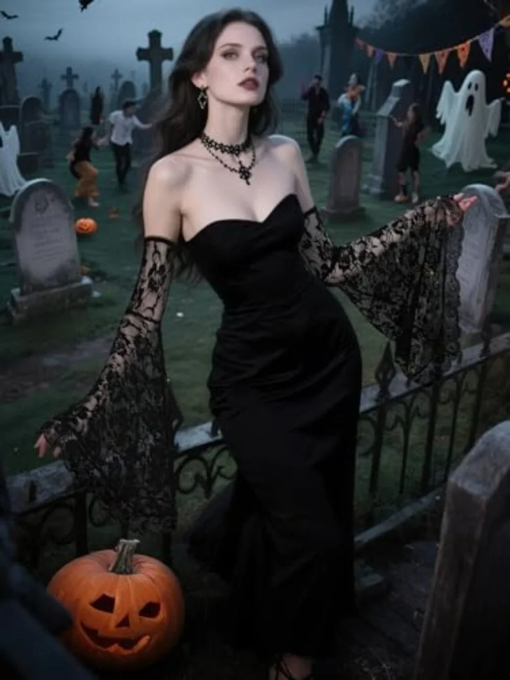 Gothic Lace Sleeves Women Witch Vampire Gloves Victorian Halloween Costume